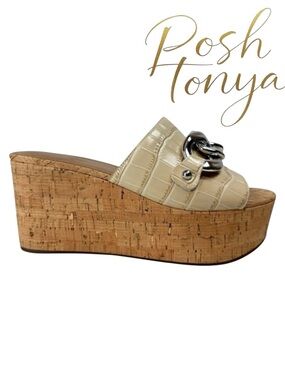 Marc Fisher Croc Embossed Leather Cork Platform Wedge Sandals 8.5 Euro Summer